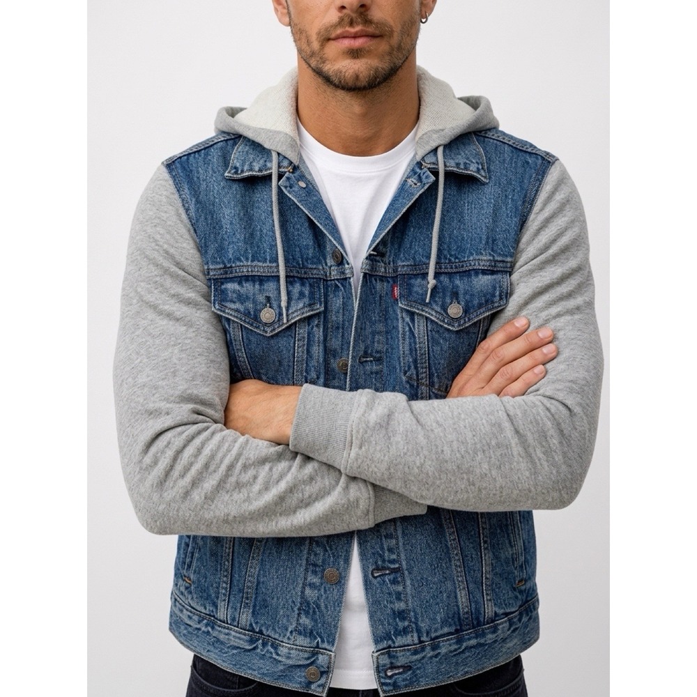 Levi's Mens Hybrid Hooded Trucker Jacket Color Blue Size Small (15-65)